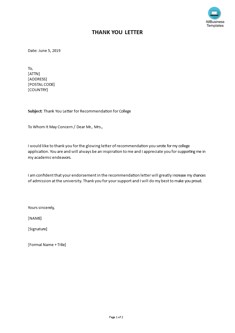 Sample Thank You Letter For Recommendation For College with proportions 793 X 1122