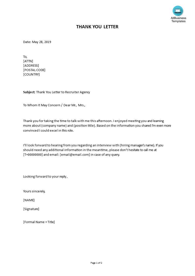 Sample Thank You Letter To Recruiter Agency Templates At regarding sizing 793 X 1122