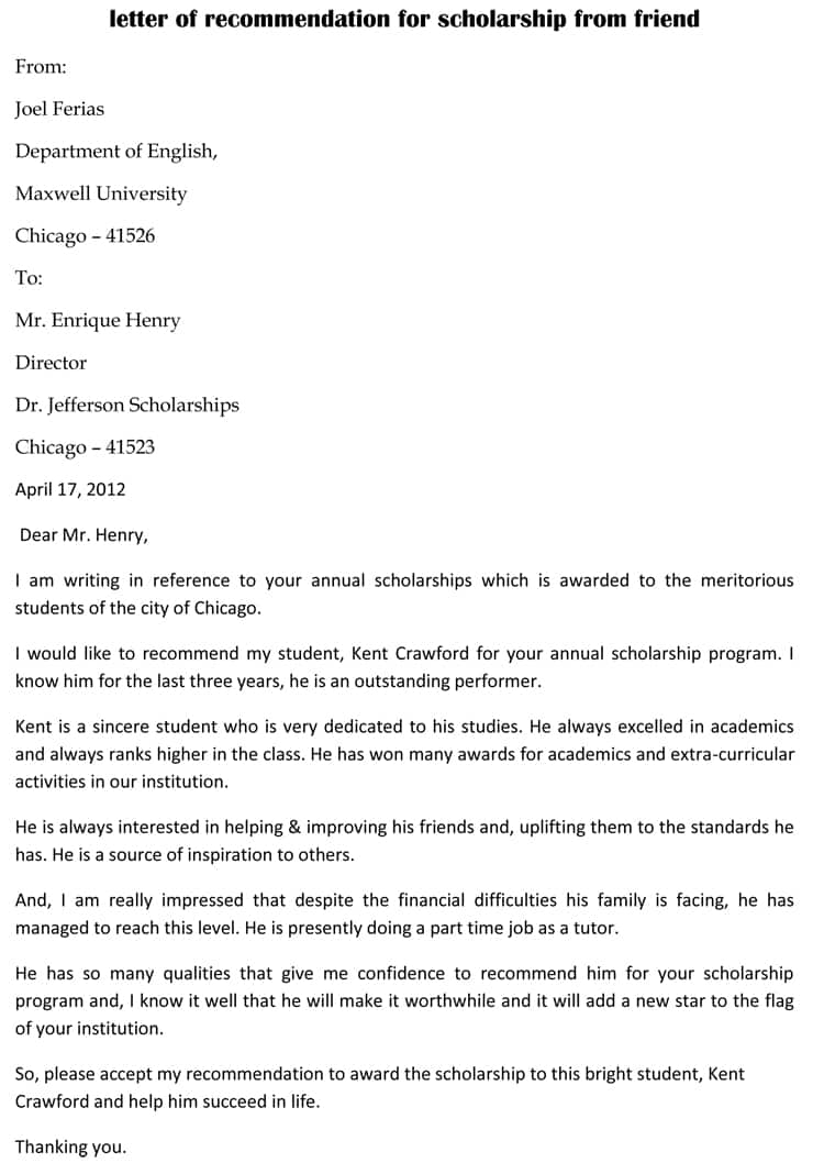 Scholarship Recommendation Letter 20 Sample Letters With intended for size 750 X 1058