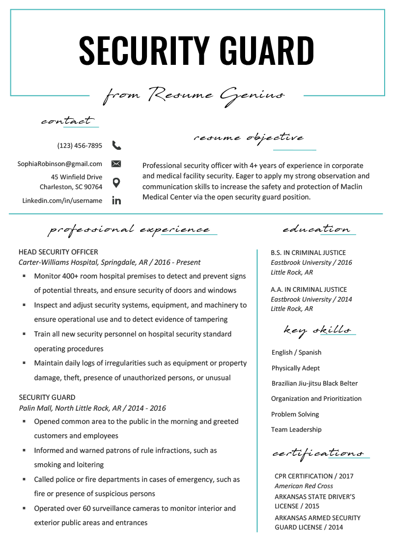 Security Guard Resume Sample Writing Tips Resume Genius pertaining to size 800 X 1132