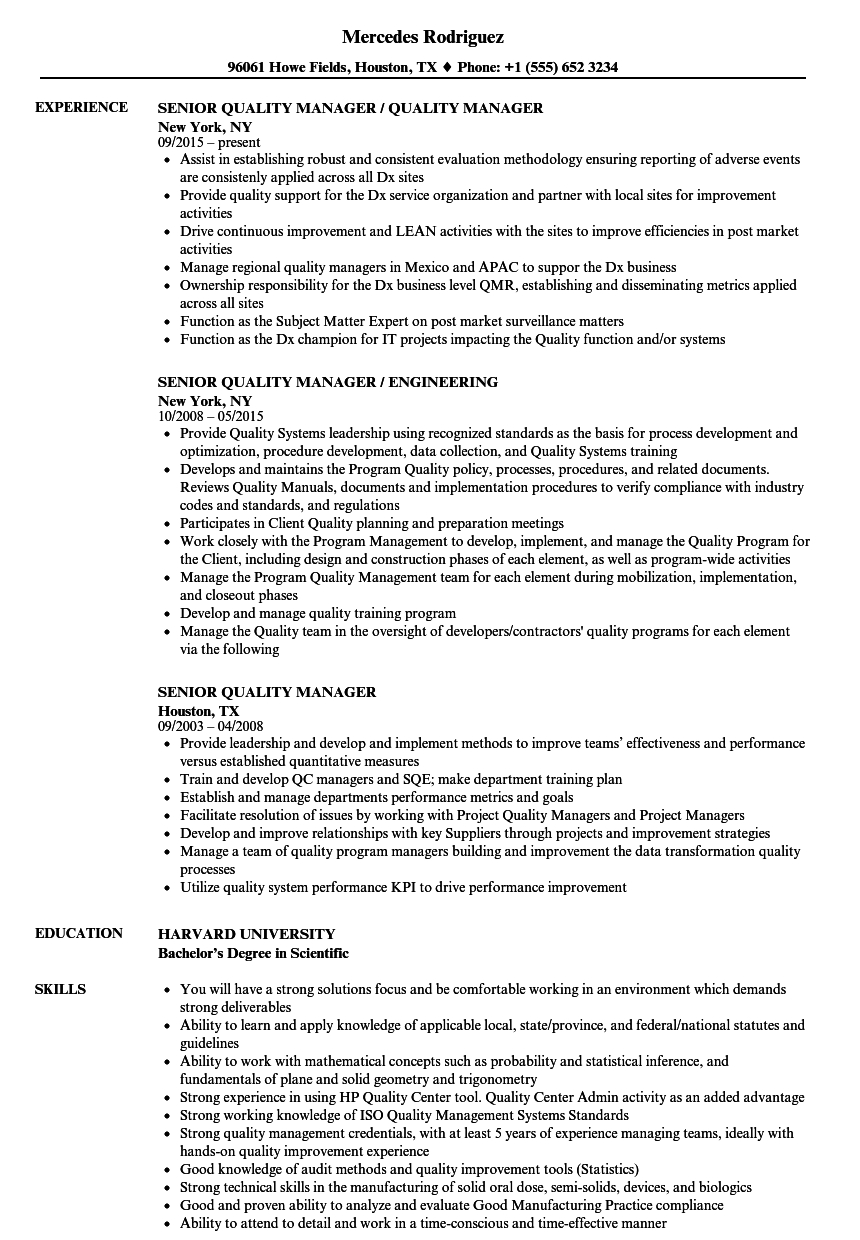 Senior Quality Manager Resume Samples Velvet Jobs intended for sizing 860 X 1240