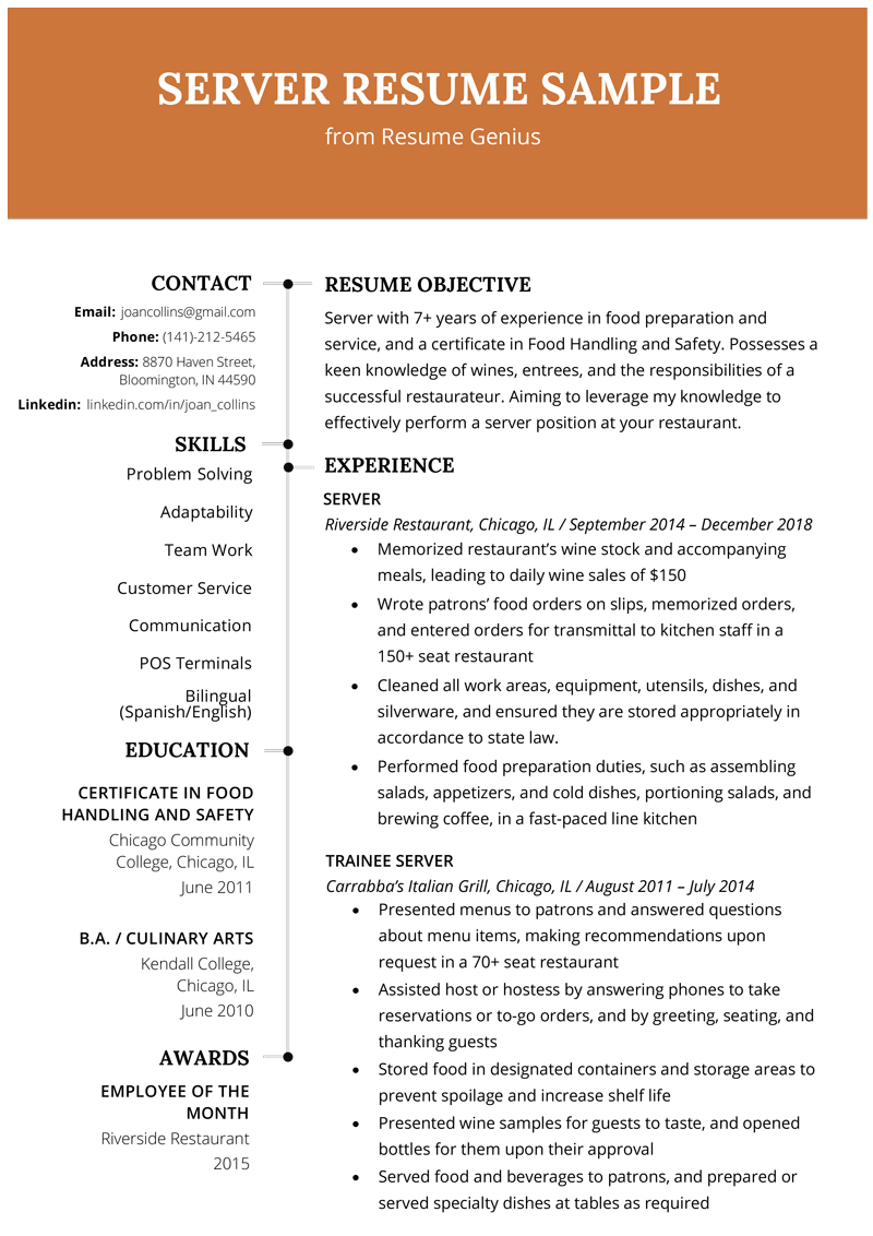 Server Resume Example Writing Tips Resume Genius regarding measurements 800 X 1132