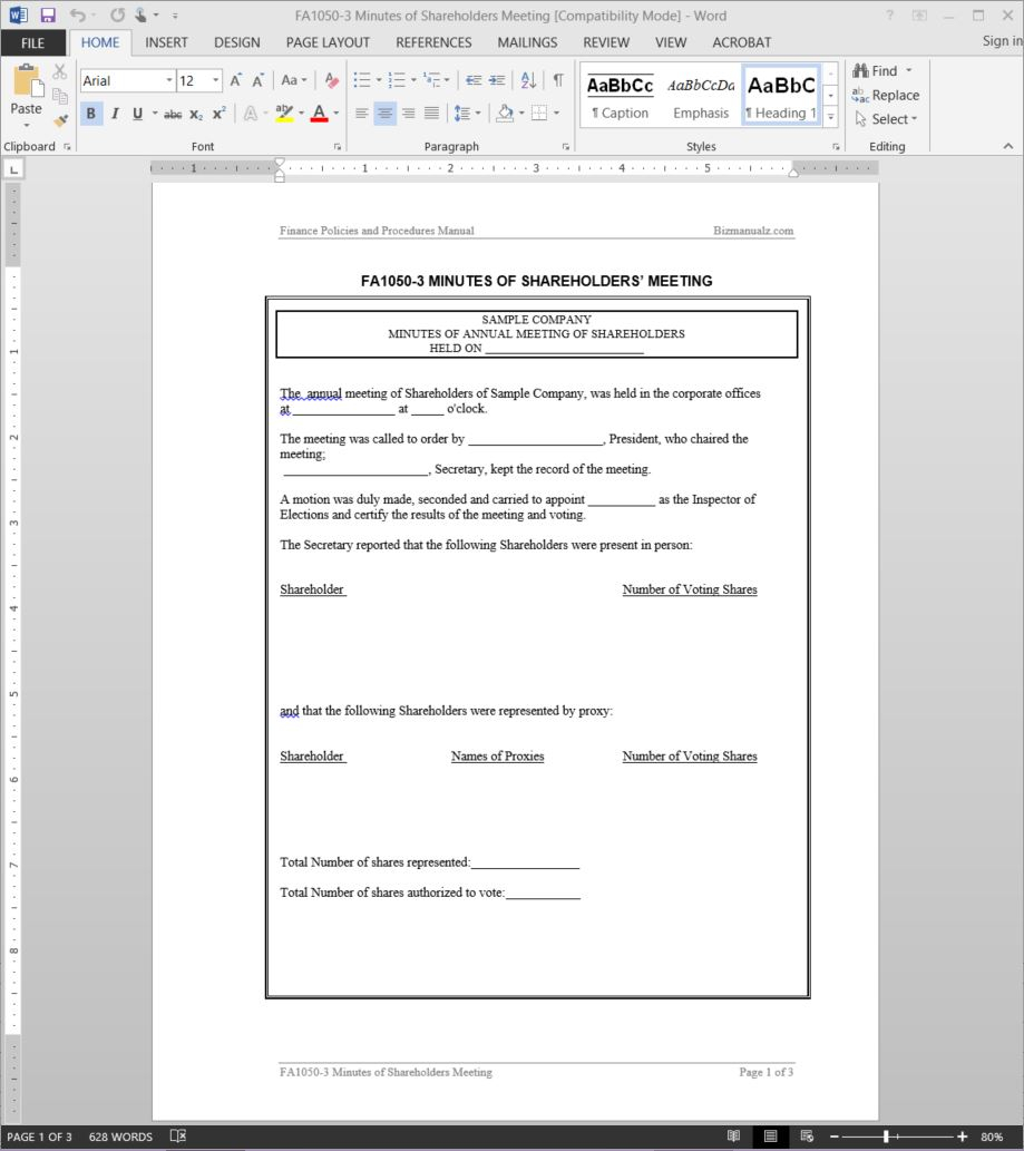 Shareholders Meeting Minutes Template Fa1050 3 throughout size 919 X 1033