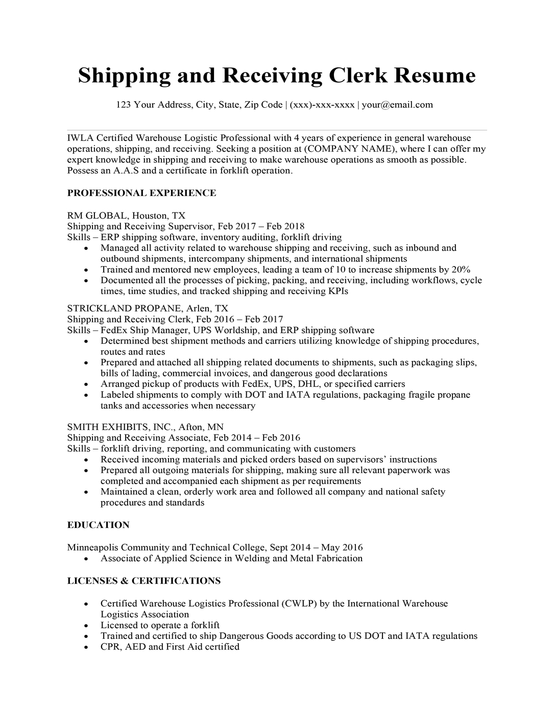 Shipping And Receiving Clerk Resume Sample Writing Tips Rc inside measurements 1085 X 1404