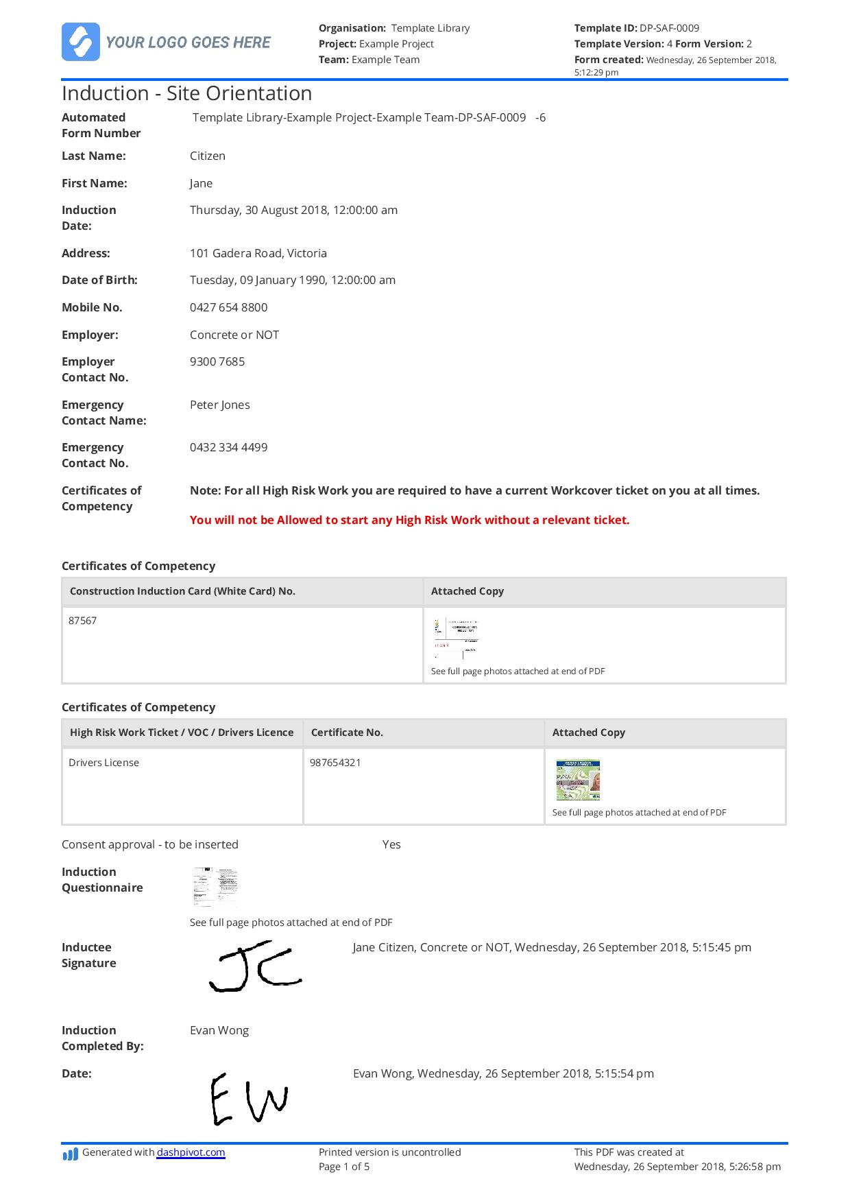 Site Induction Template Better Than Word Excel Pdf with sizing 1240 X 1754