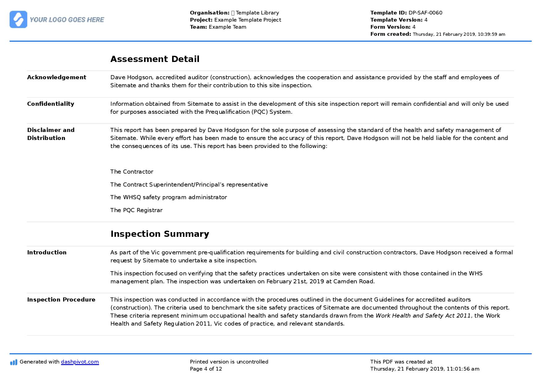 Site Inspection Report Free Template Sample And A Proven within proportions 1754 X 1239