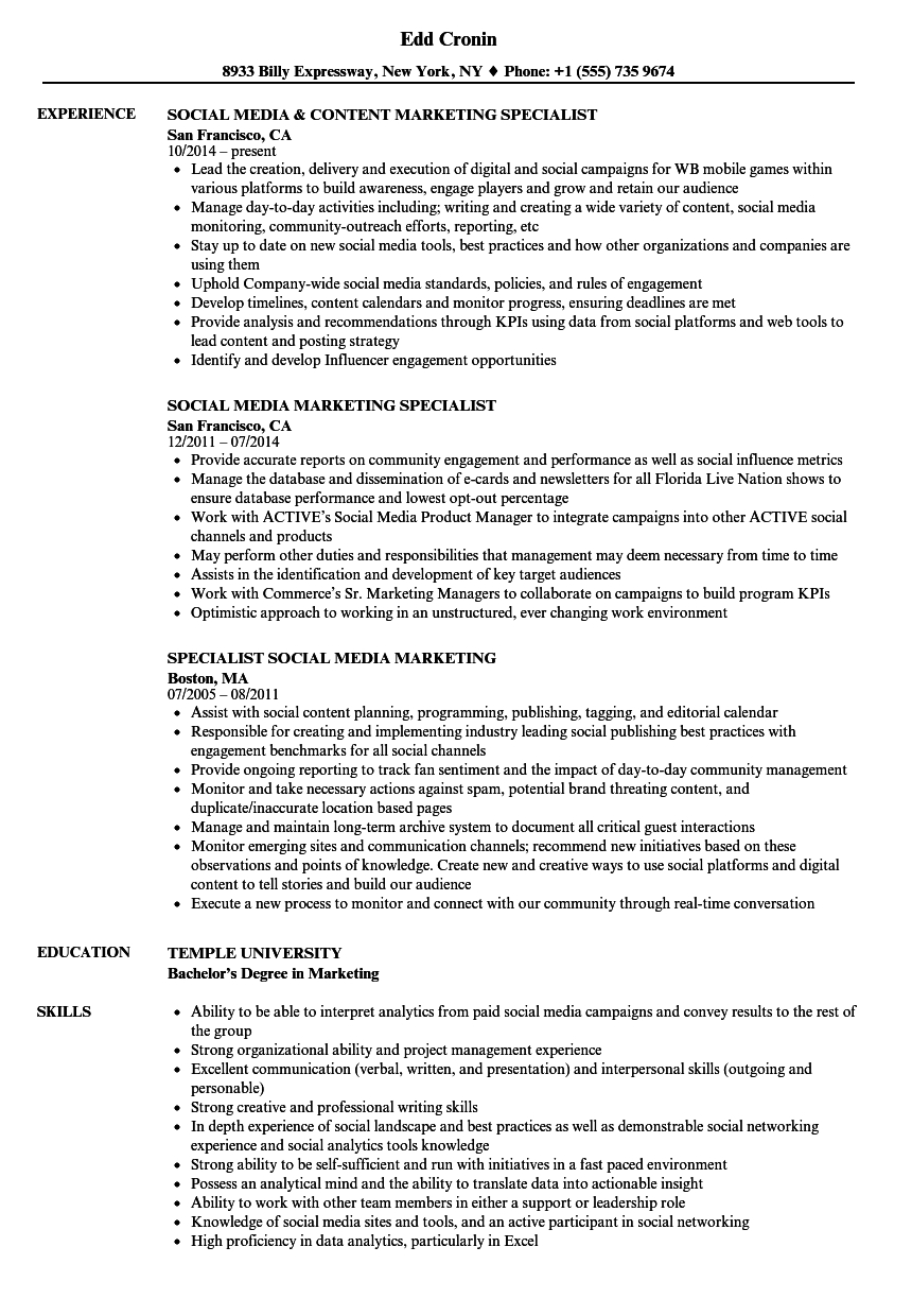 Social Media Marketing Specialist Resume Samples Velvet Jobs for sizing 860 X 1240