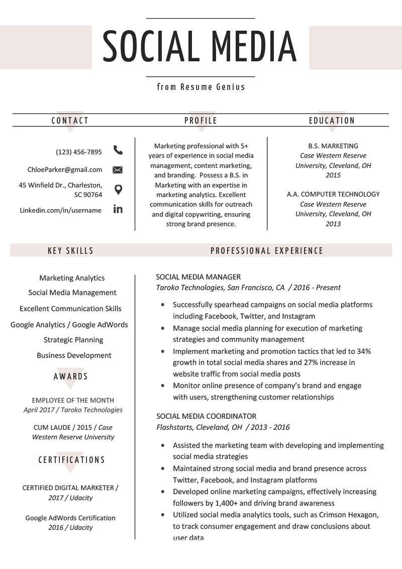 Social Media Resume Example Writing Tips Resume Genius with proportions 800 X 1132