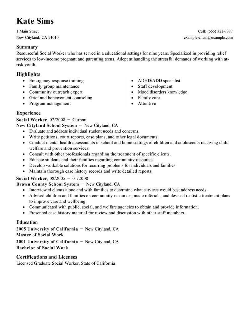 Social Work Resume Templates Enom for dimensions 800 X 1035