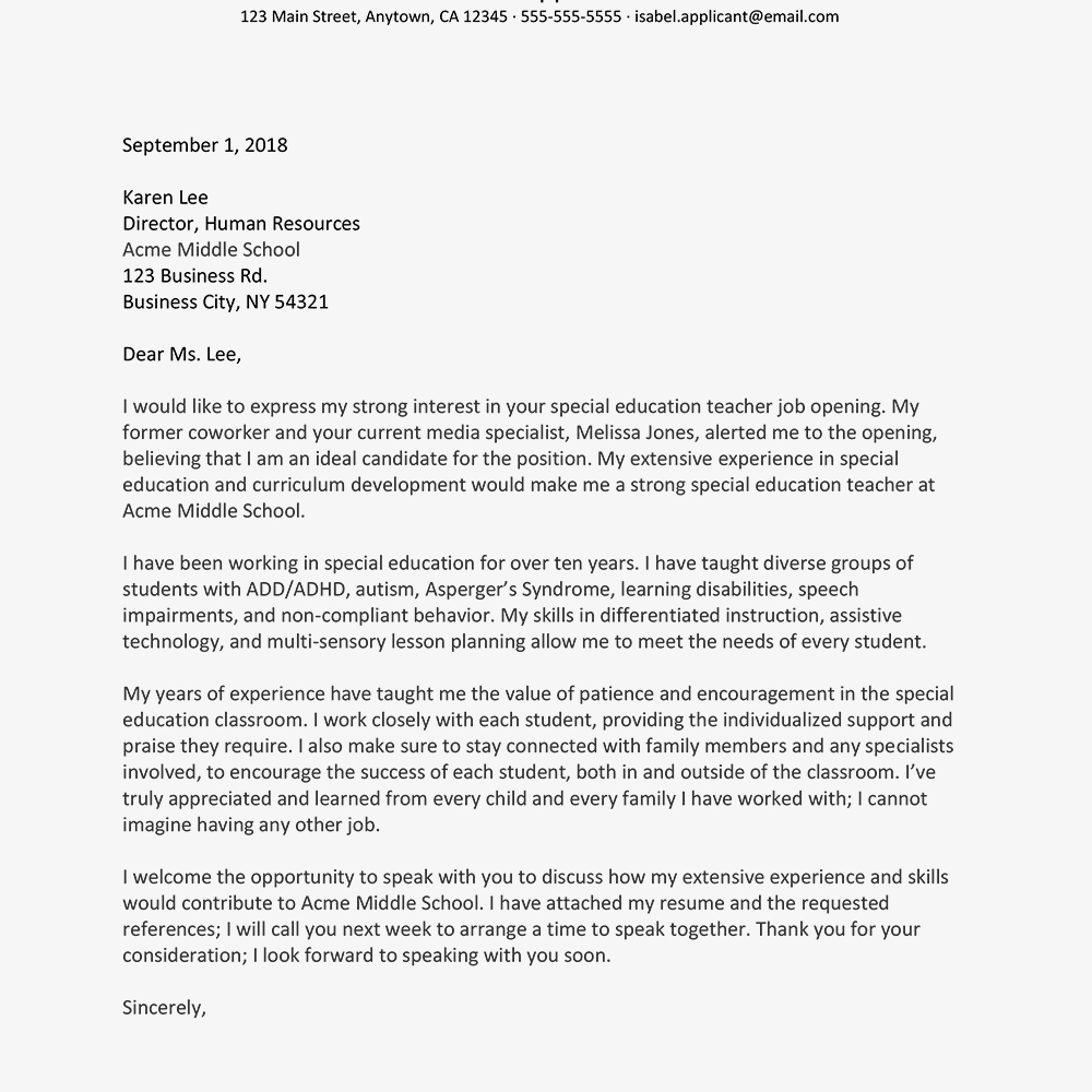 Special Education Cover Letter Example And Writing Tips for measurements 1000 X 1000