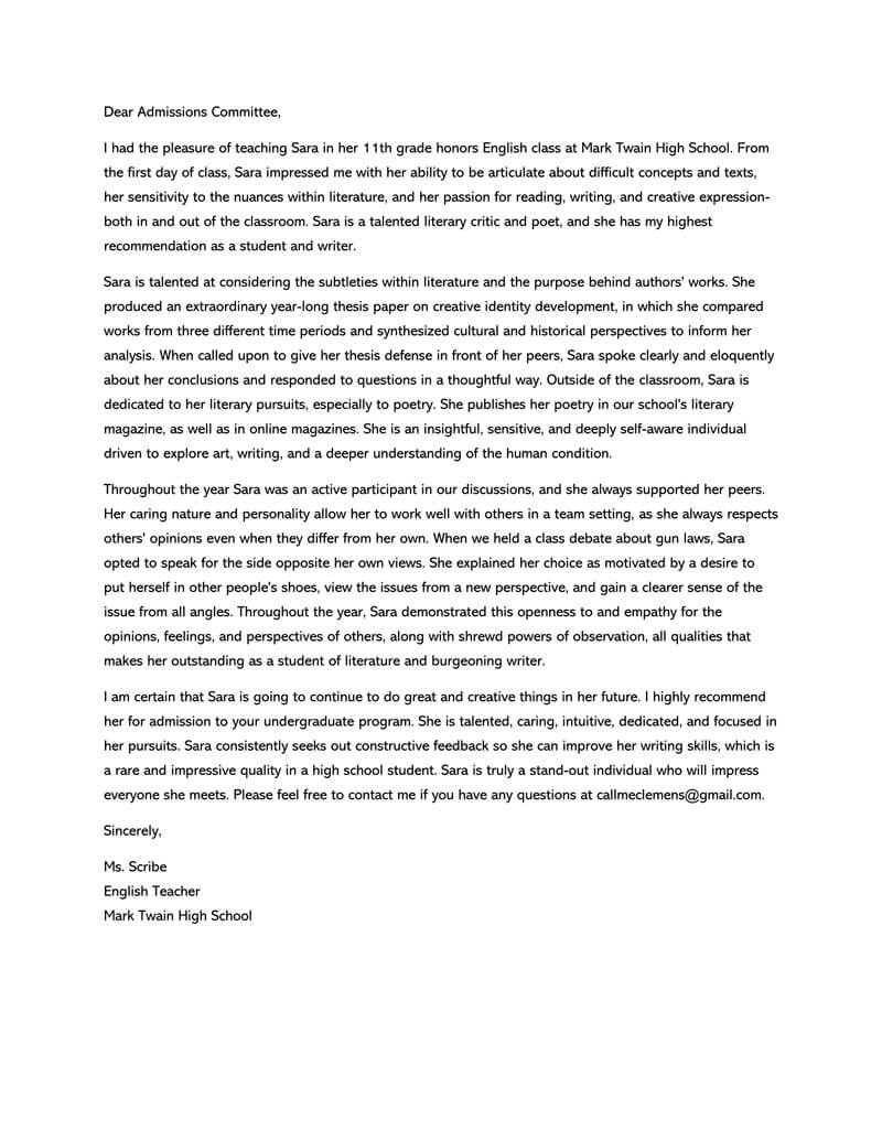 Student Recommendation Letter 15 Sample Letters And Examples for proportions 800 X 1035