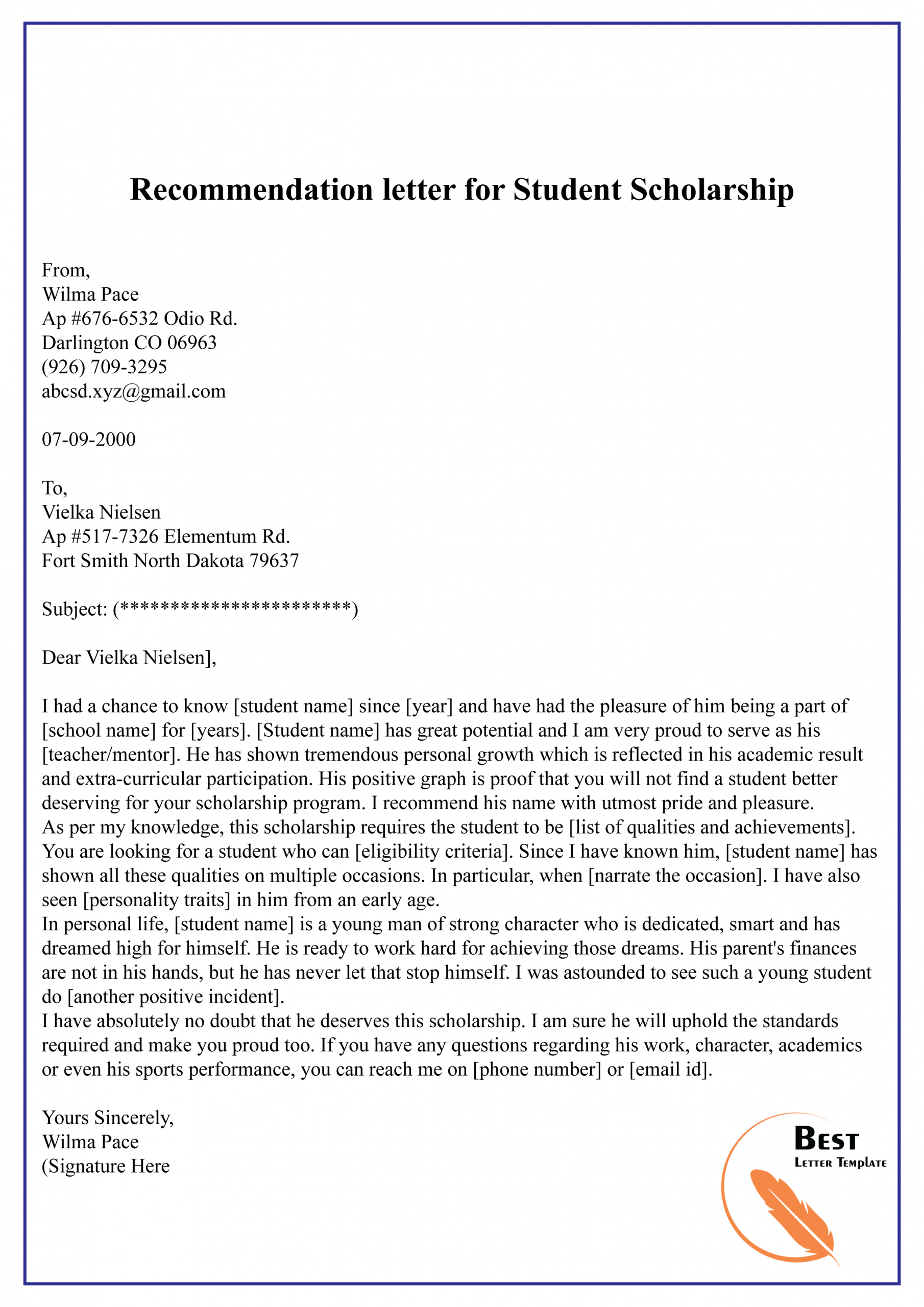 8 Recommendation Letter Template For Scholarship Template Free Download ...