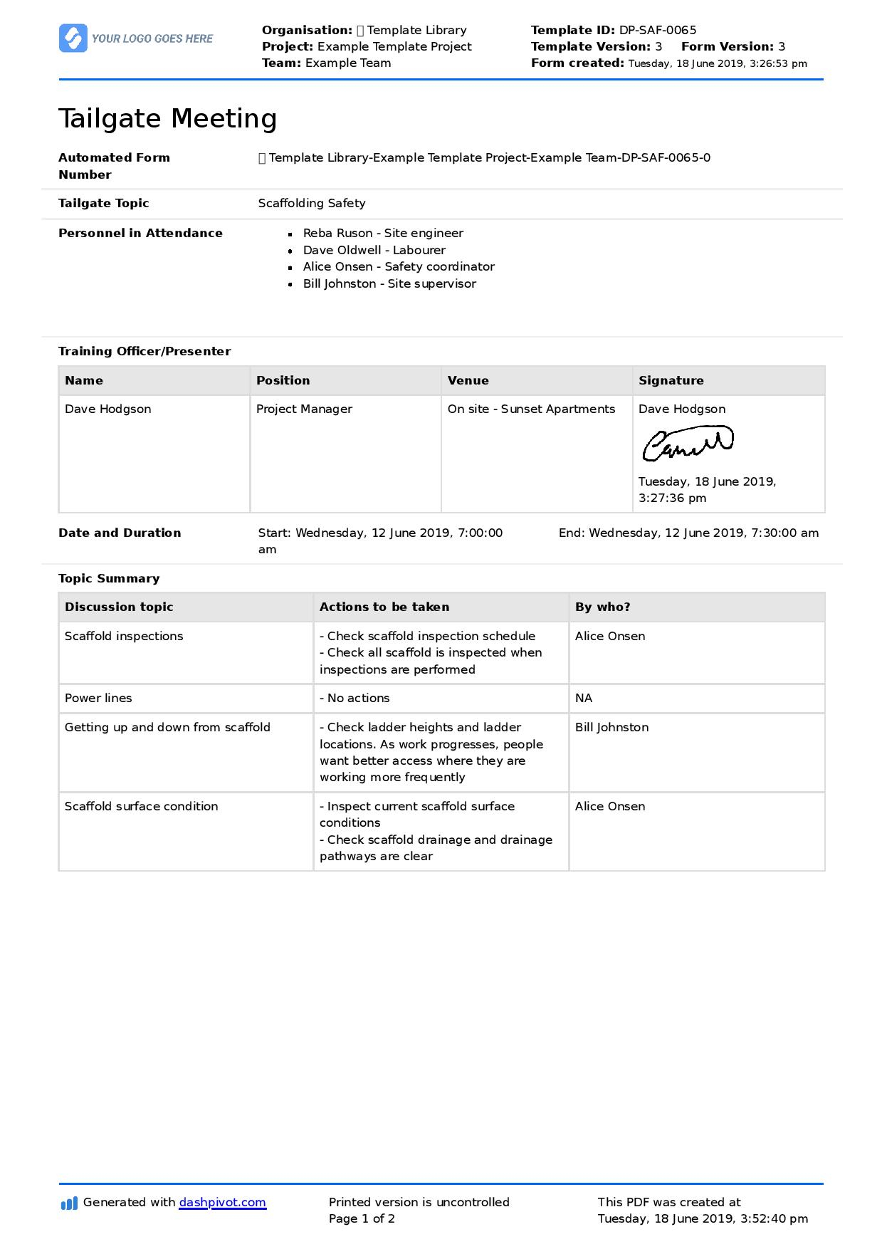 Tailgate Meeting Form Template Free To Use And Customise for proportions 1239 X 1754