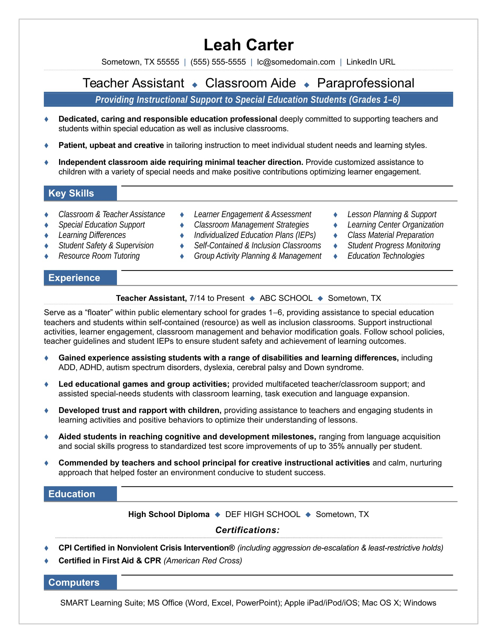 Teacher Assistant Resume Sample Monster throughout proportions 1700 X 2200