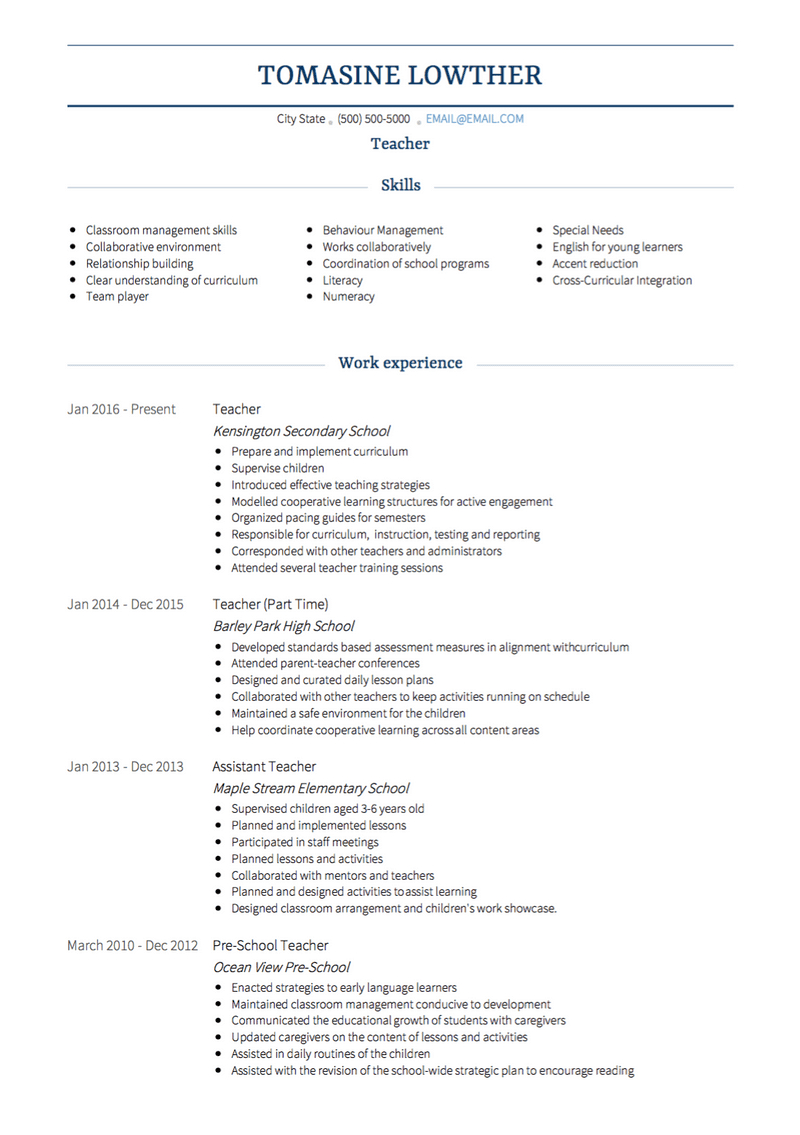 Teacher Cv Examples Templates Visualcv with proportions 800 X 1135