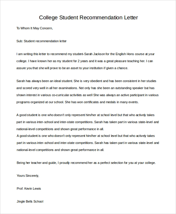 Teacher Letter Of Recommendation For Student For College Enom in sizing 600 X 730