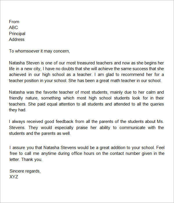 Teacher Of The Year Recommendation Letter From Principal with measurements 600 X 700