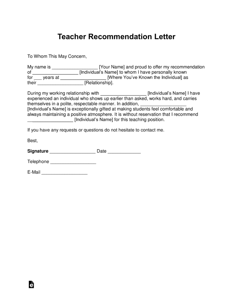 Teacher Recommendation Letter Template Debandje pertaining to measurements 791 X 1024