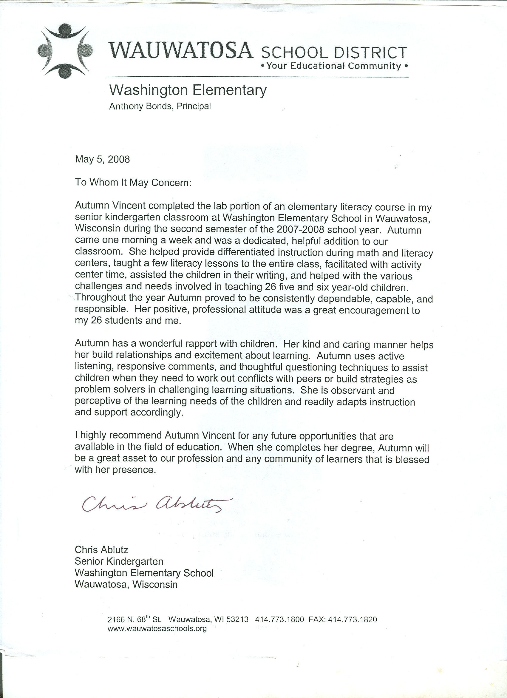 Example Recommendation Letter For Kindergarten Student Invitation 
