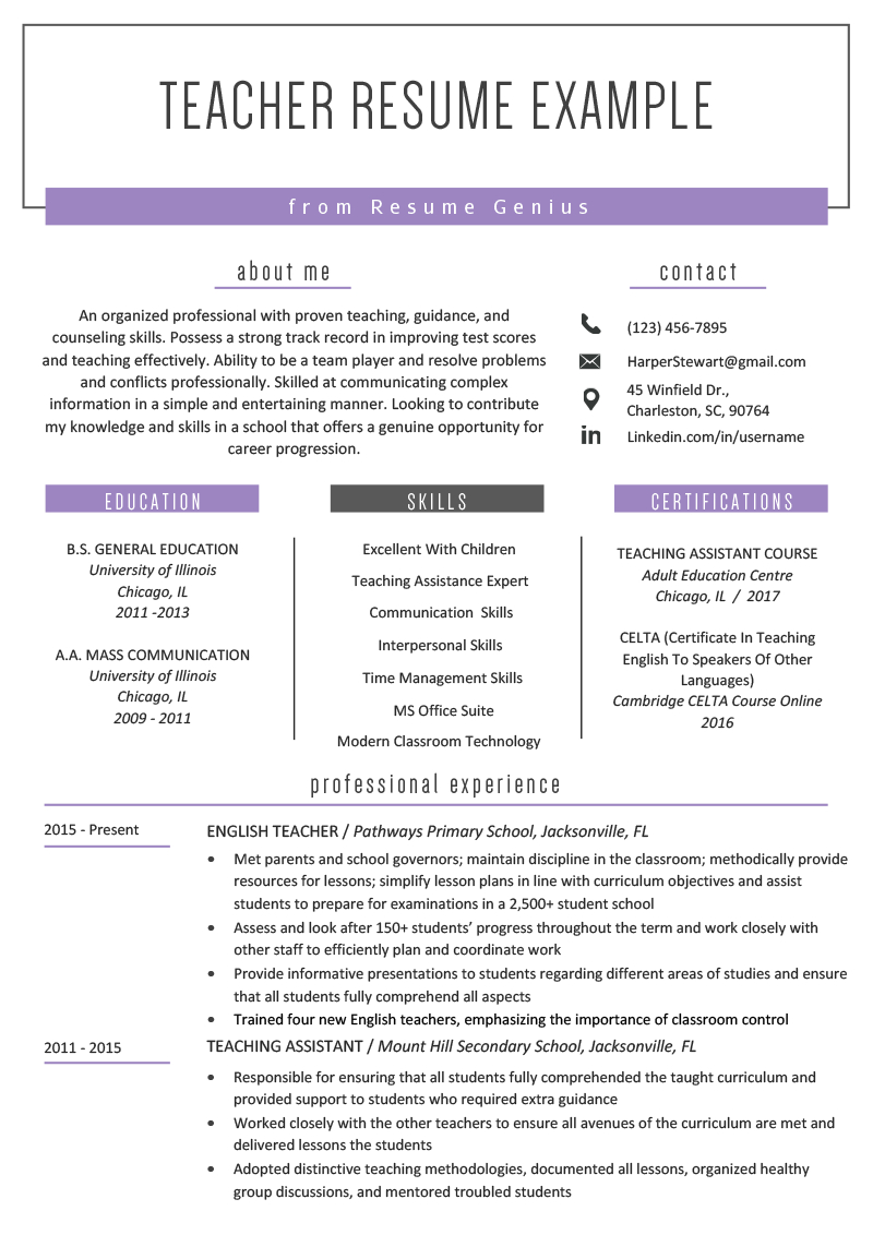 Teacher Resume Samples Writing Guide Resume Genius in dimensions 800 X 1132