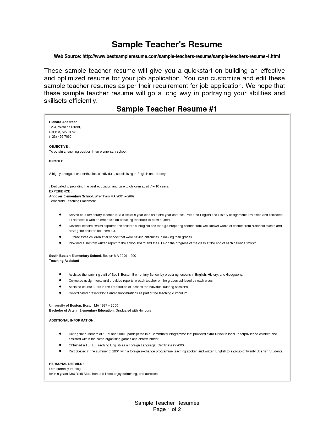 Teachers Resume 7 12751650 With Images Teacher in measurements 1275 X 1650