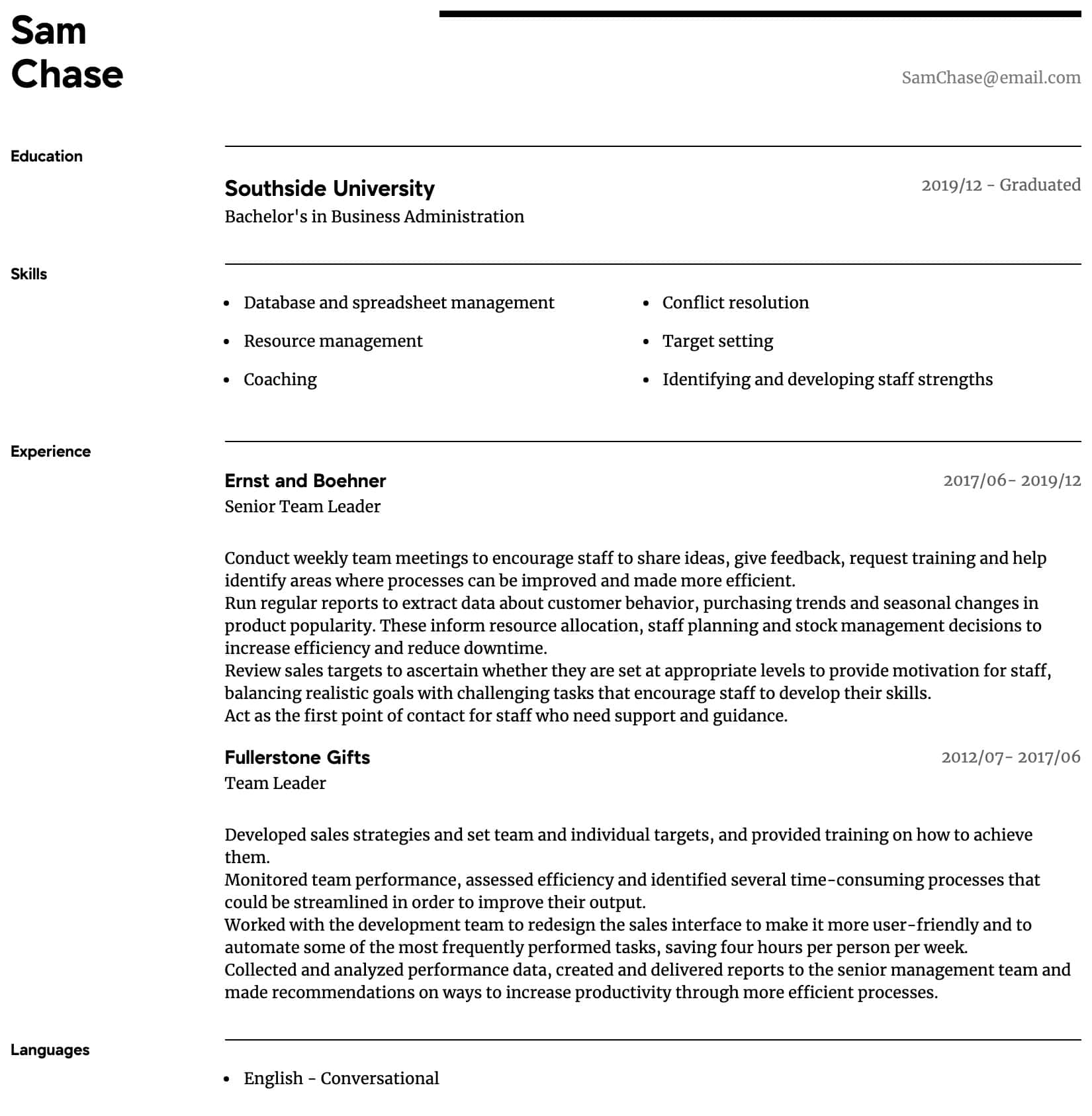 Team Leader Resume Samples All Experience Levels Resume intended for size 1650 X 1686