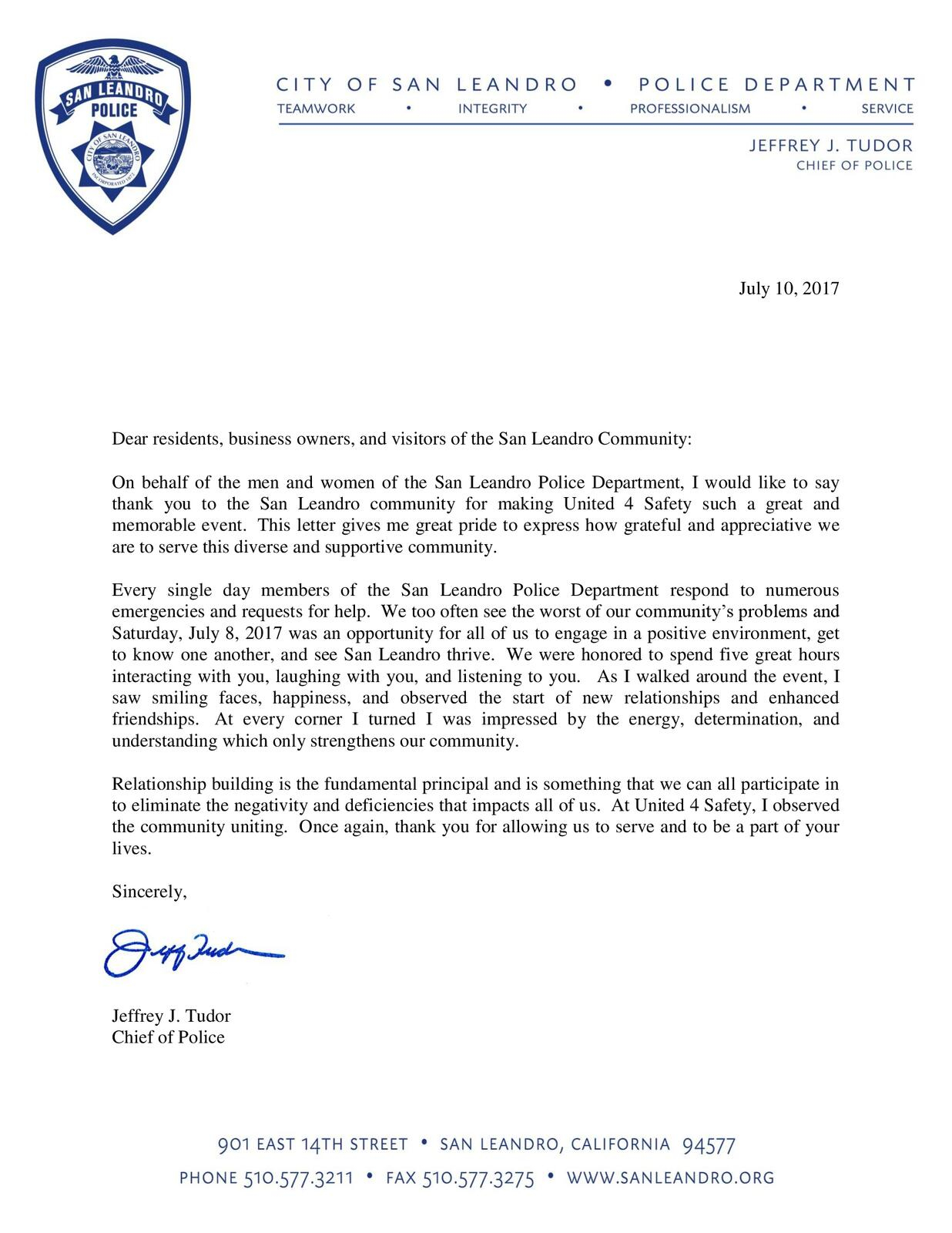 Thank You Letter From Police Chief Jeff Tudor San Leandro within sizing 1236 X 1600