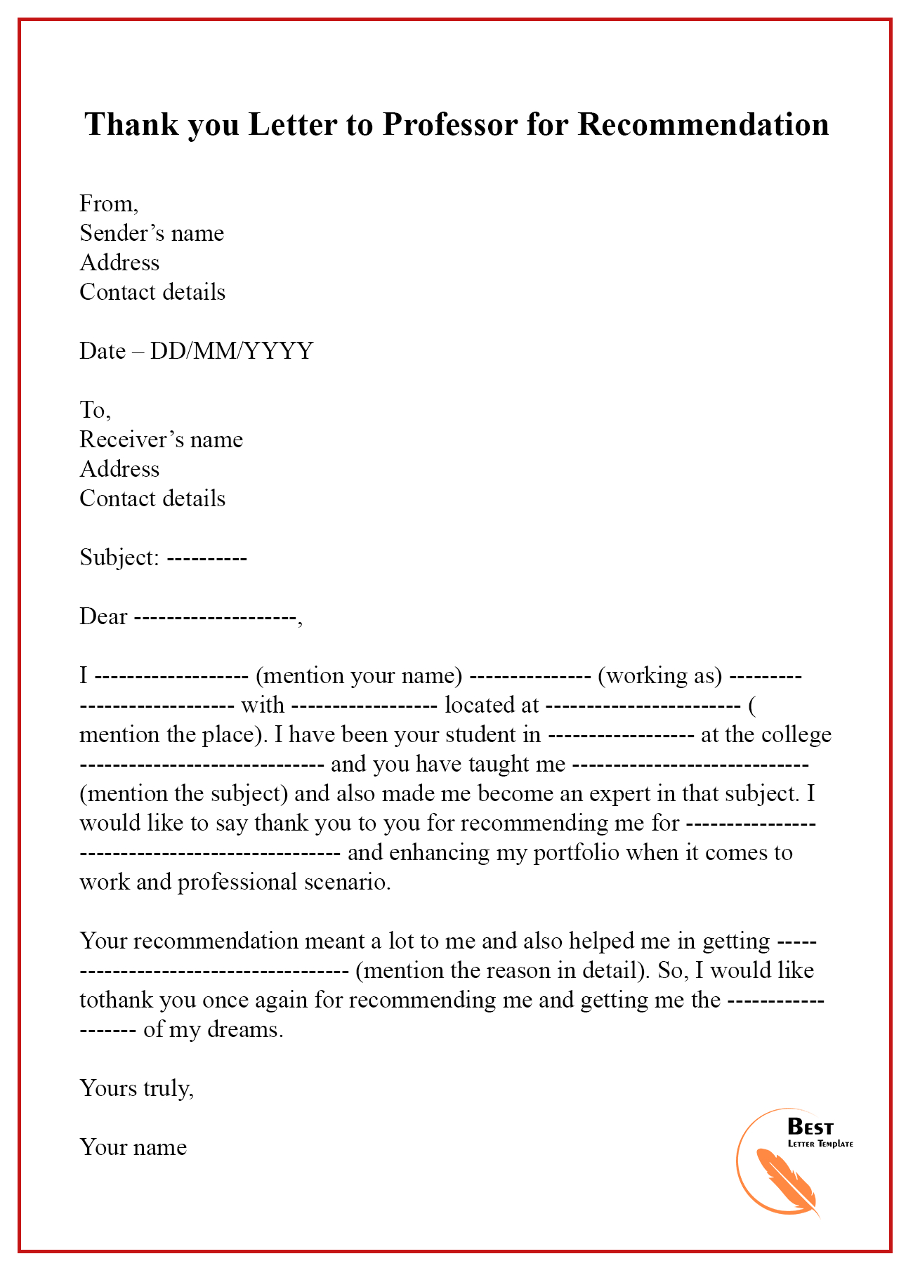 Thank You Letter To Professor For Letter Of Recommendation • Invitation