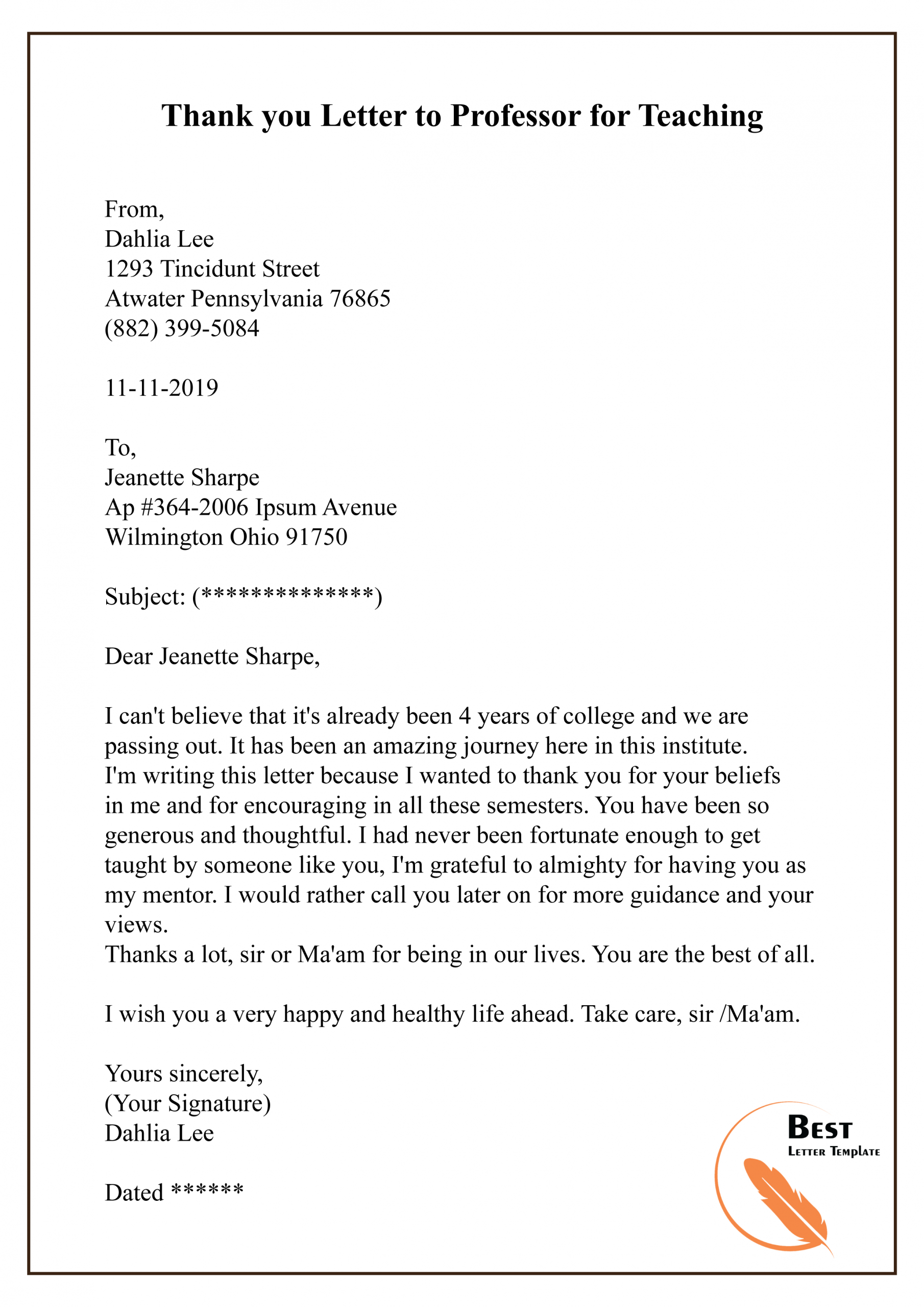 Thank You Letter To Professor For Teaching 01 Best Letter in sizing 2480 X 3508