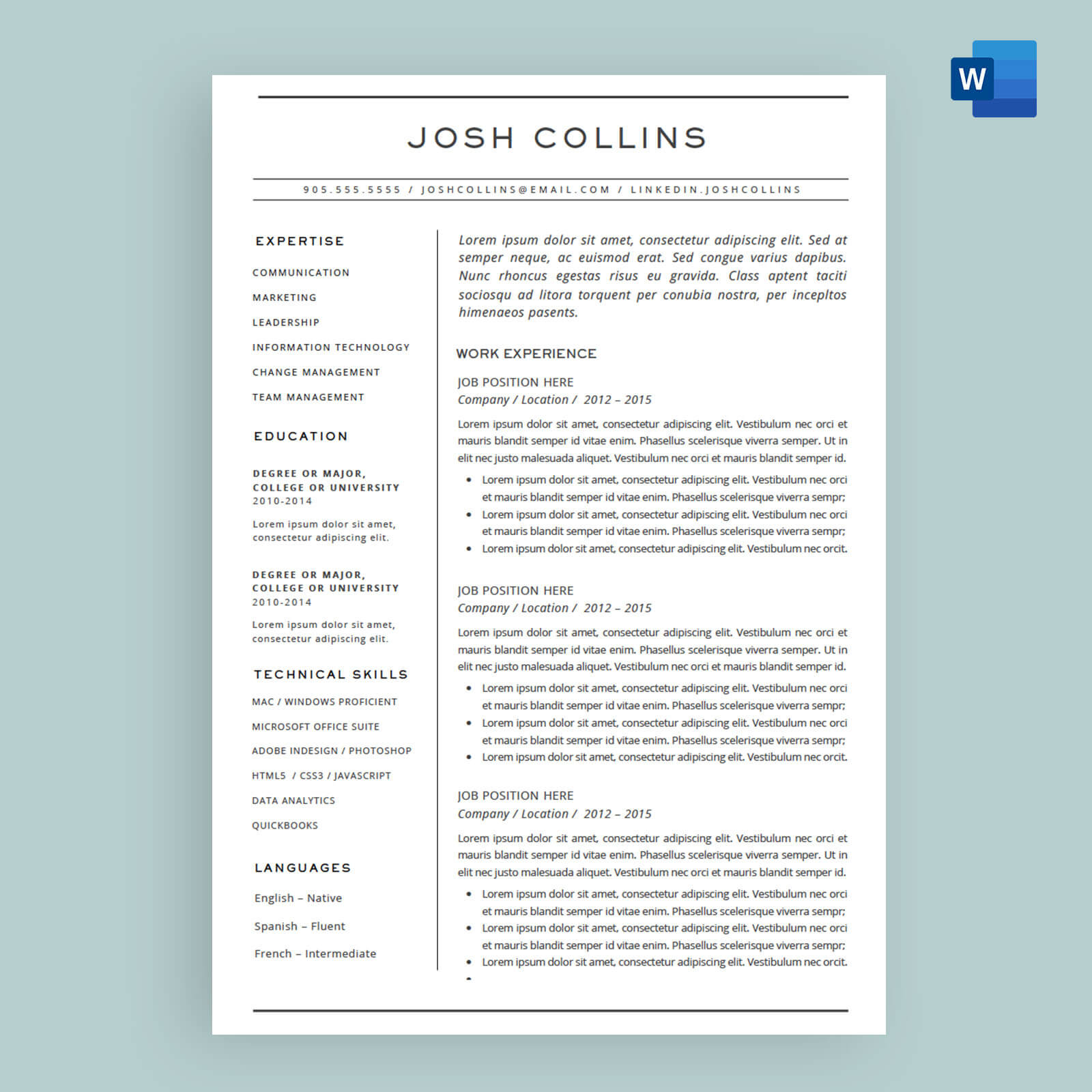 The Collins Resume Cv Template Package For Microsoft Word inside proportions 1600 X 1600