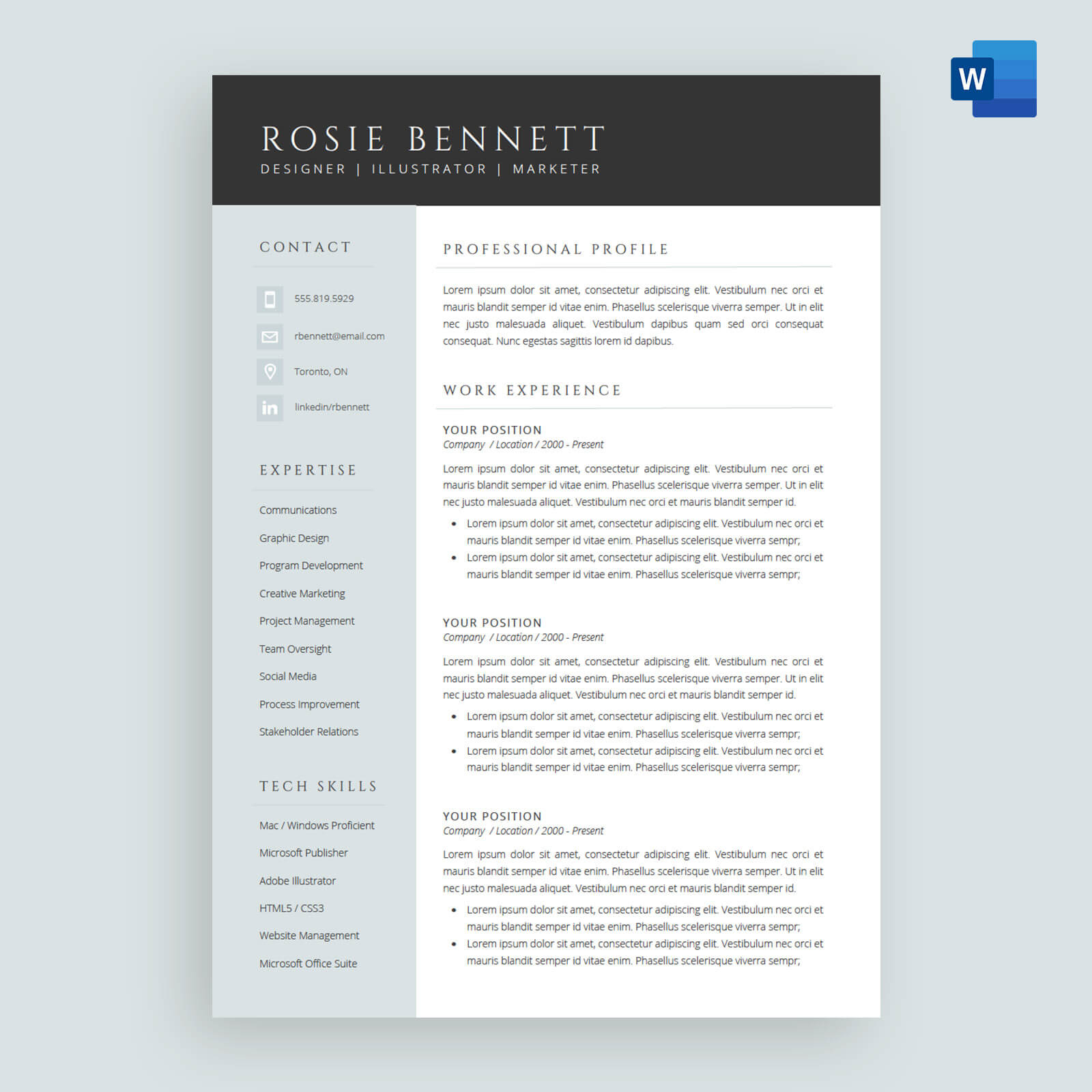 The Rosie Resume Cv Template Package For Microsoft Word for proportions 1600 X 1600