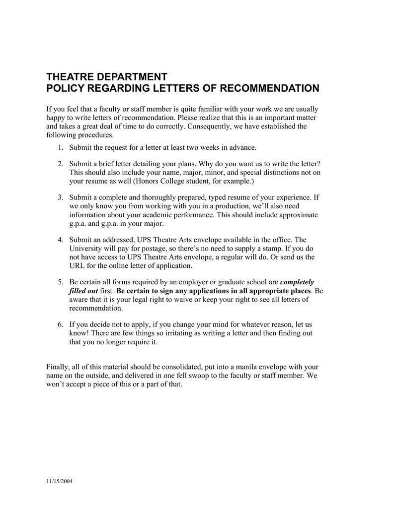 Theatre Department Policy Regarding Letters Of Recommendation throughout size 791 X 1024