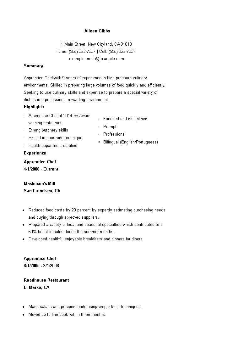 Tlcharger Gratuit Apprentice Cook Cv inside sizing 793 X 1122