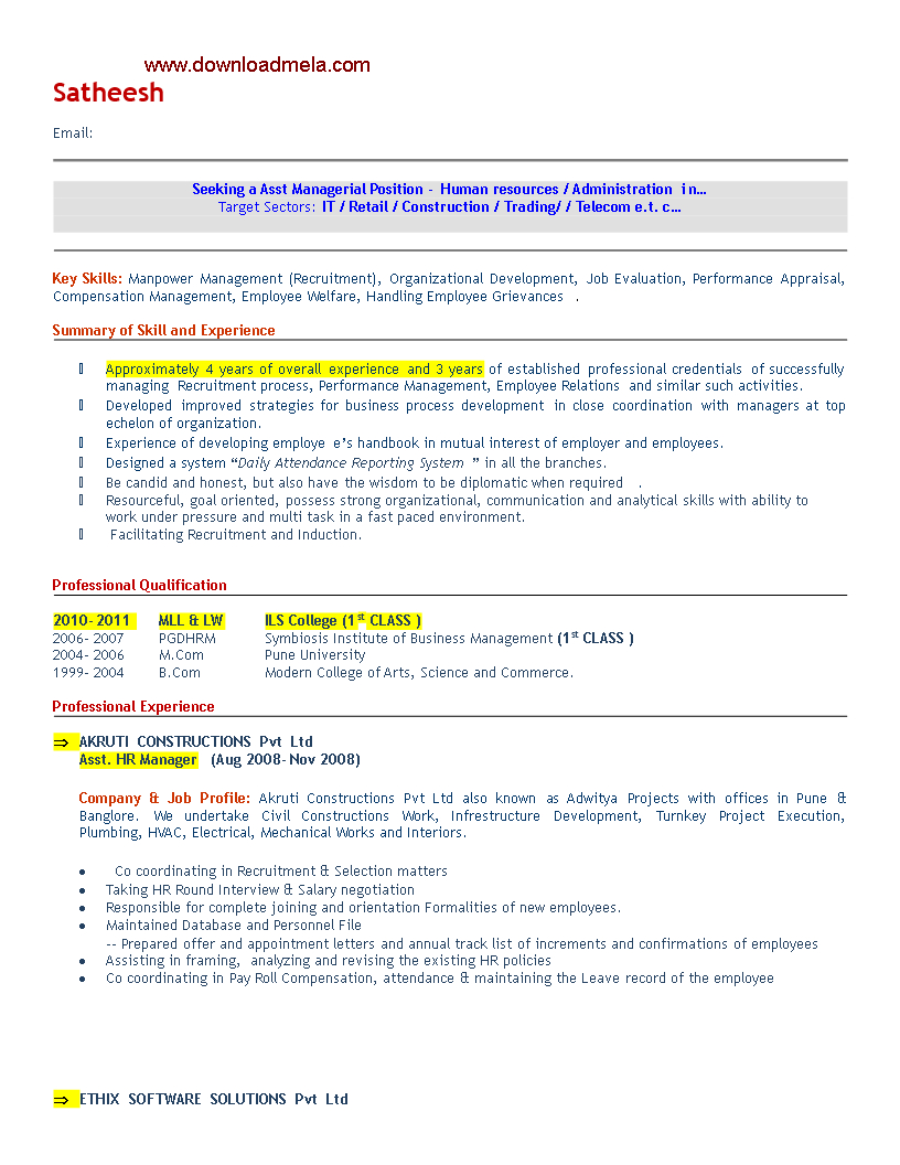 Tlcharger Gratuit Assistant Human Resource Manager Resume with measurements 816 X 1056