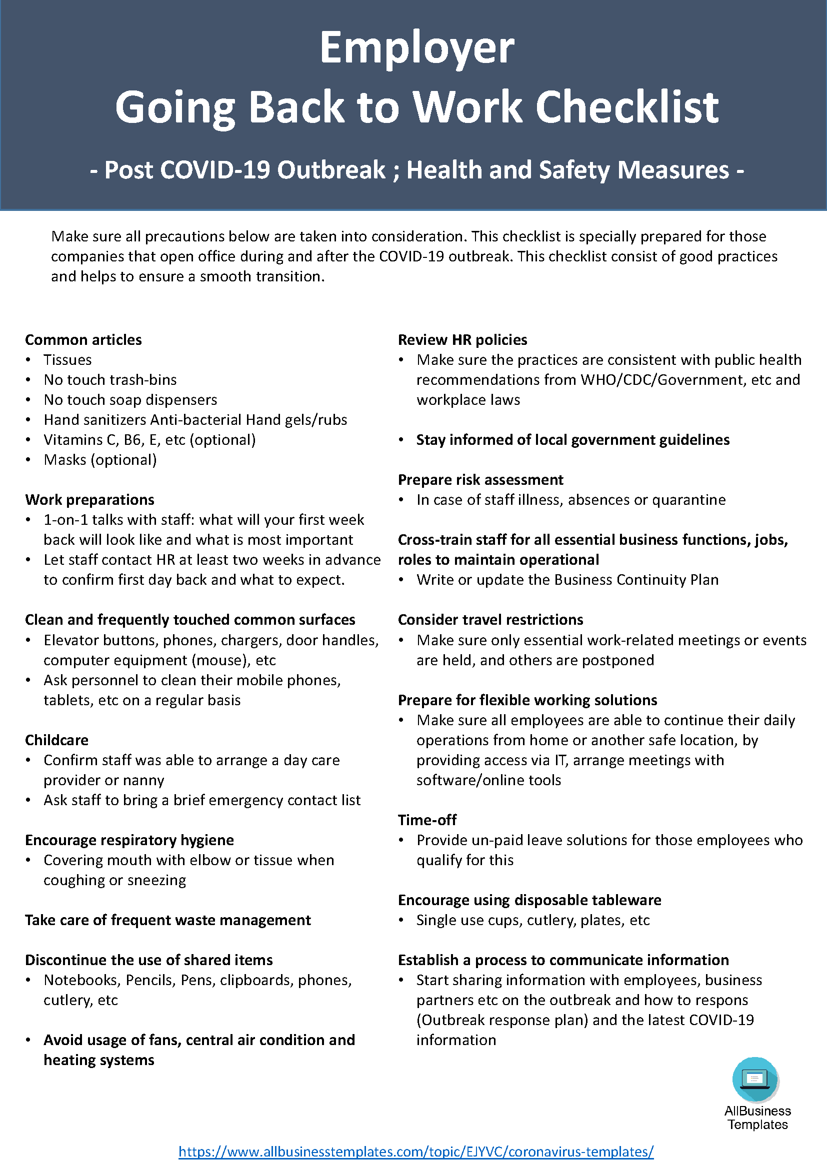 Tlcharger Gratuit Back To Work Checklist Coronavirus For regarding sizing 1654 X 2339