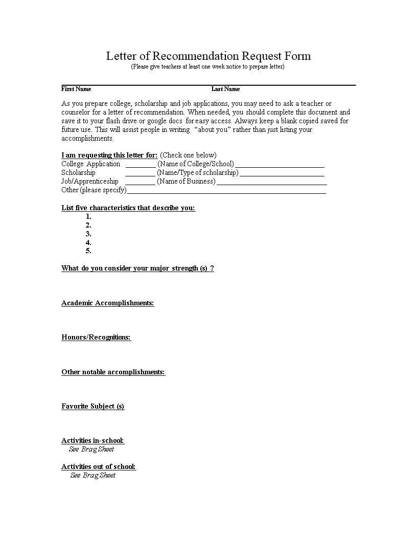 Tlcharger Gratuit Letter Of Recommendation Request Form in sizing 816 X 1056