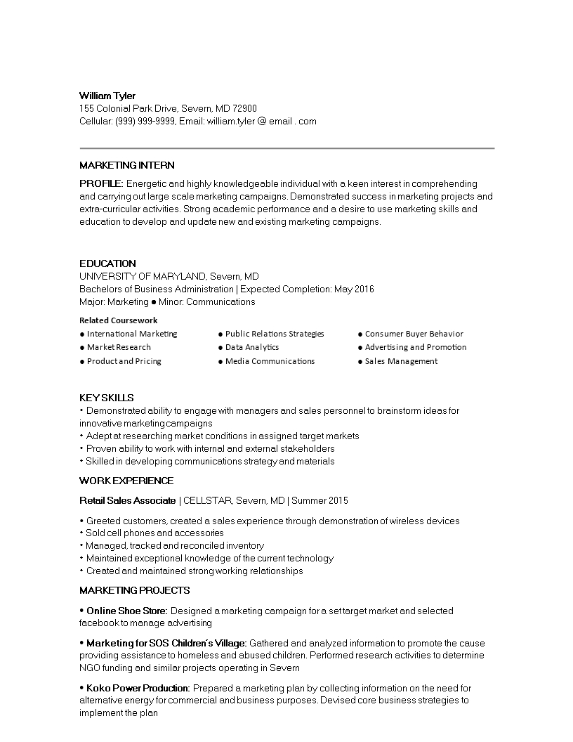 Tlcharger Gratuit Marketing Internship Student Resume intended for proportions 816 X 1056