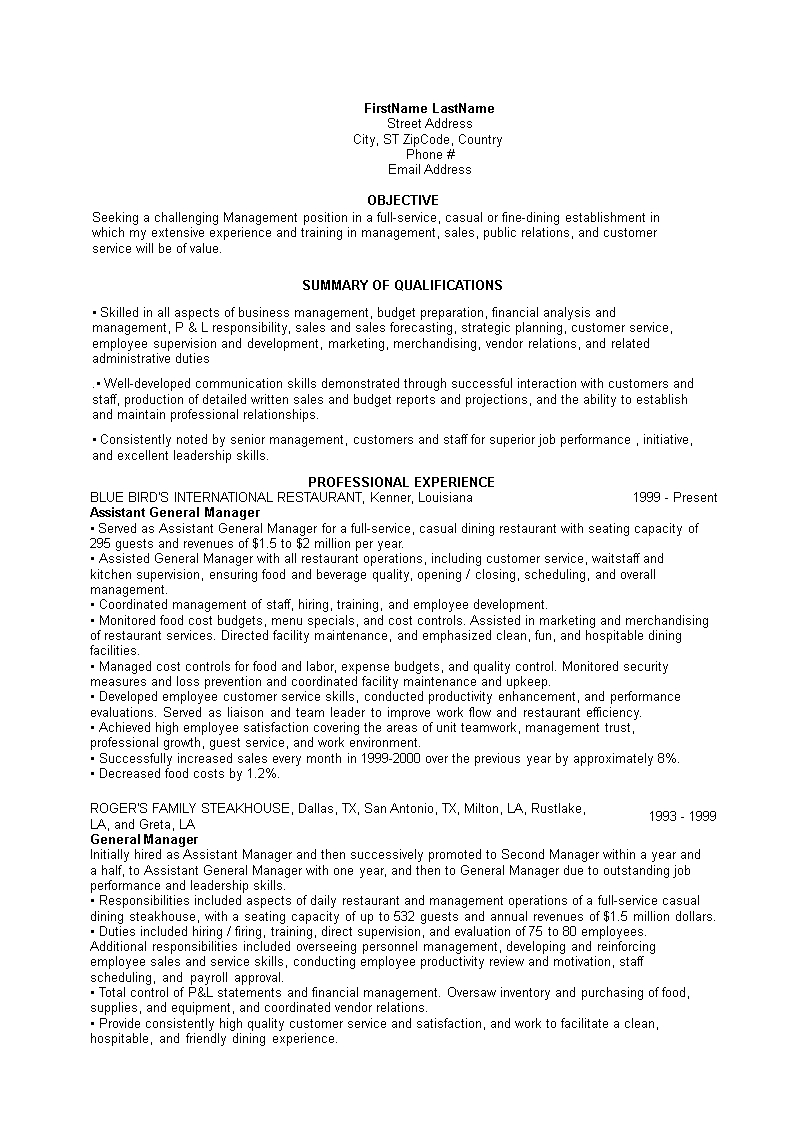 Tlcharger Gratuit Restaurant General Manager Resume inside proportions 793 X 1122