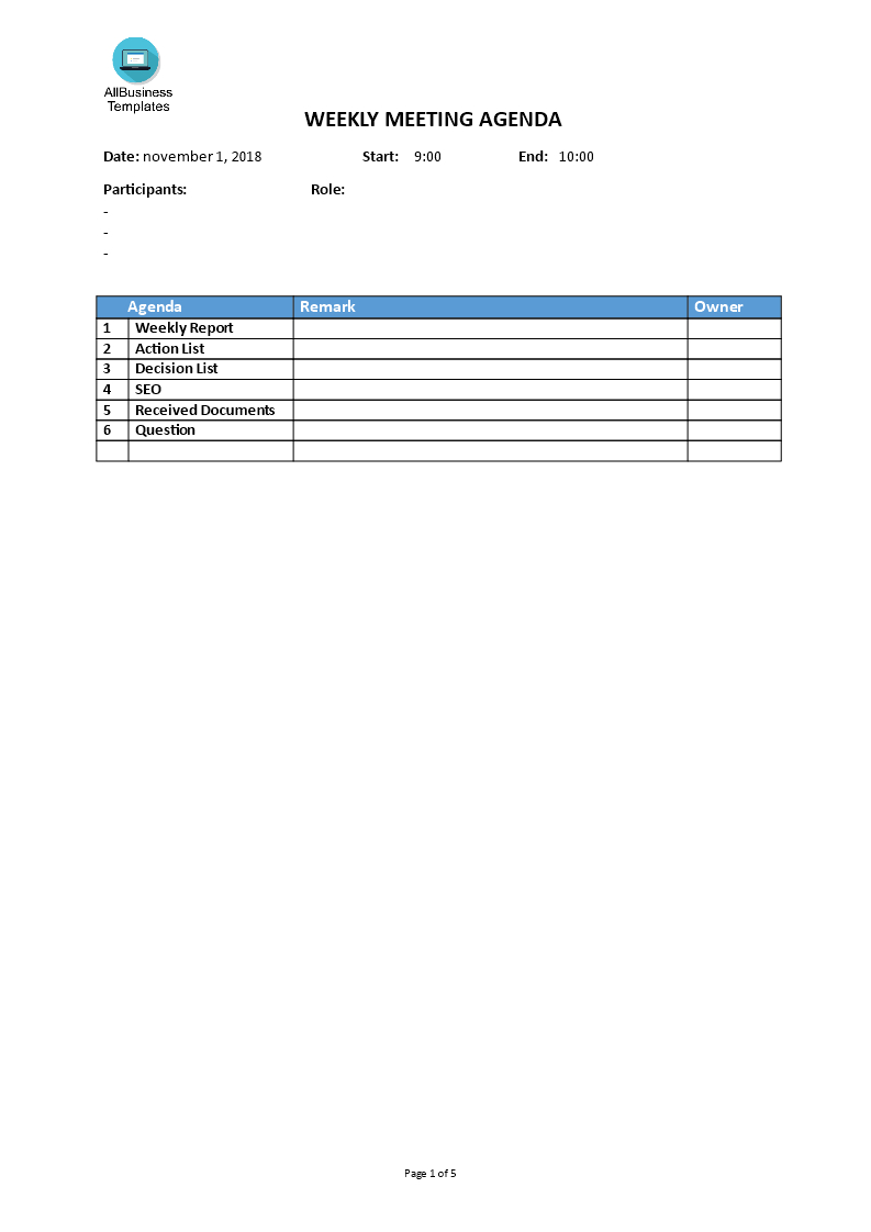 Tlcharger Gratuit Weekly Meeting Agenda Template in sizing 793 X 1122