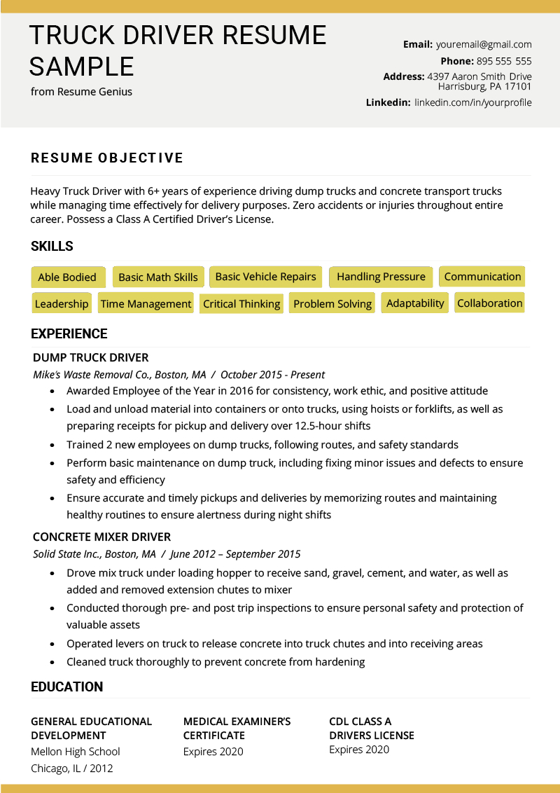 Truck Driver Resume Sample And Tips Resume Genius for proportions 800 X 1132