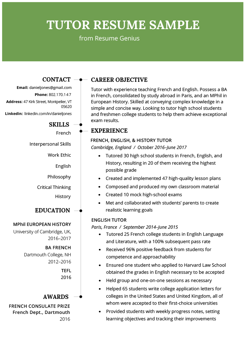 Tutor Resume Sample Writing Tips Resume Genius in proportions 800 X 1132