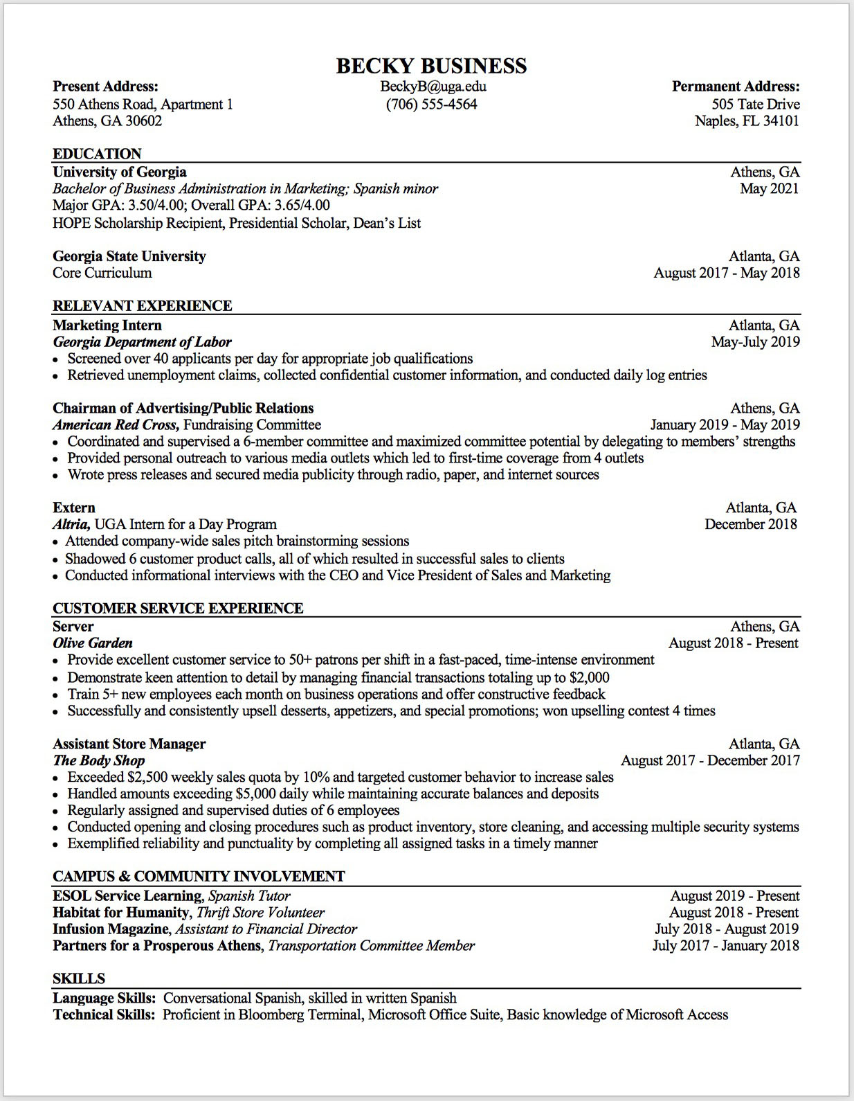 ua career center resume template