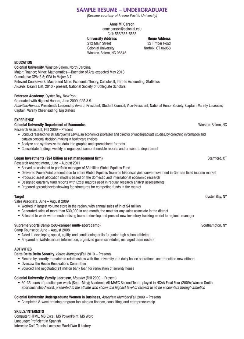 Undergraduate College Resume Resume Examples Student with proportions 800 X 1111