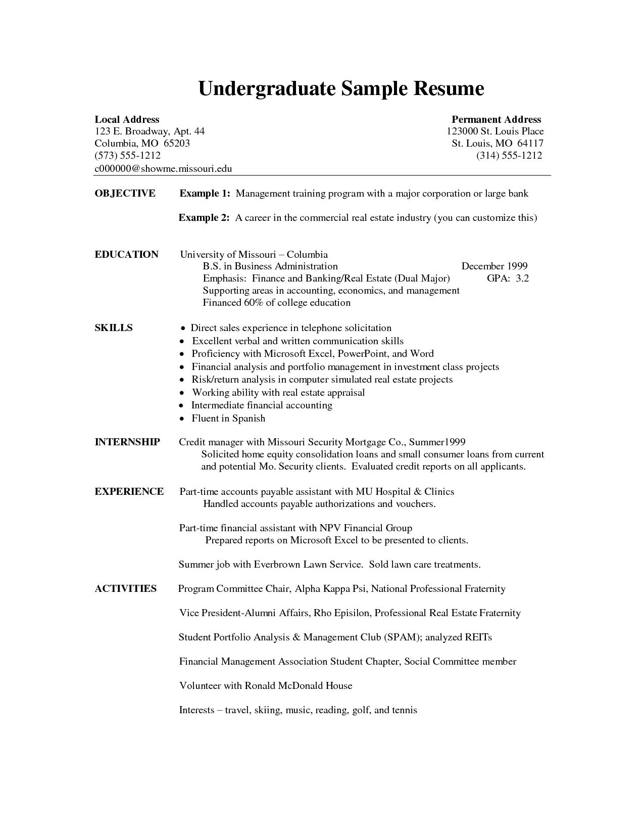 Undergraduate Resume Example Debandje intended for sizing 1275 X 1650