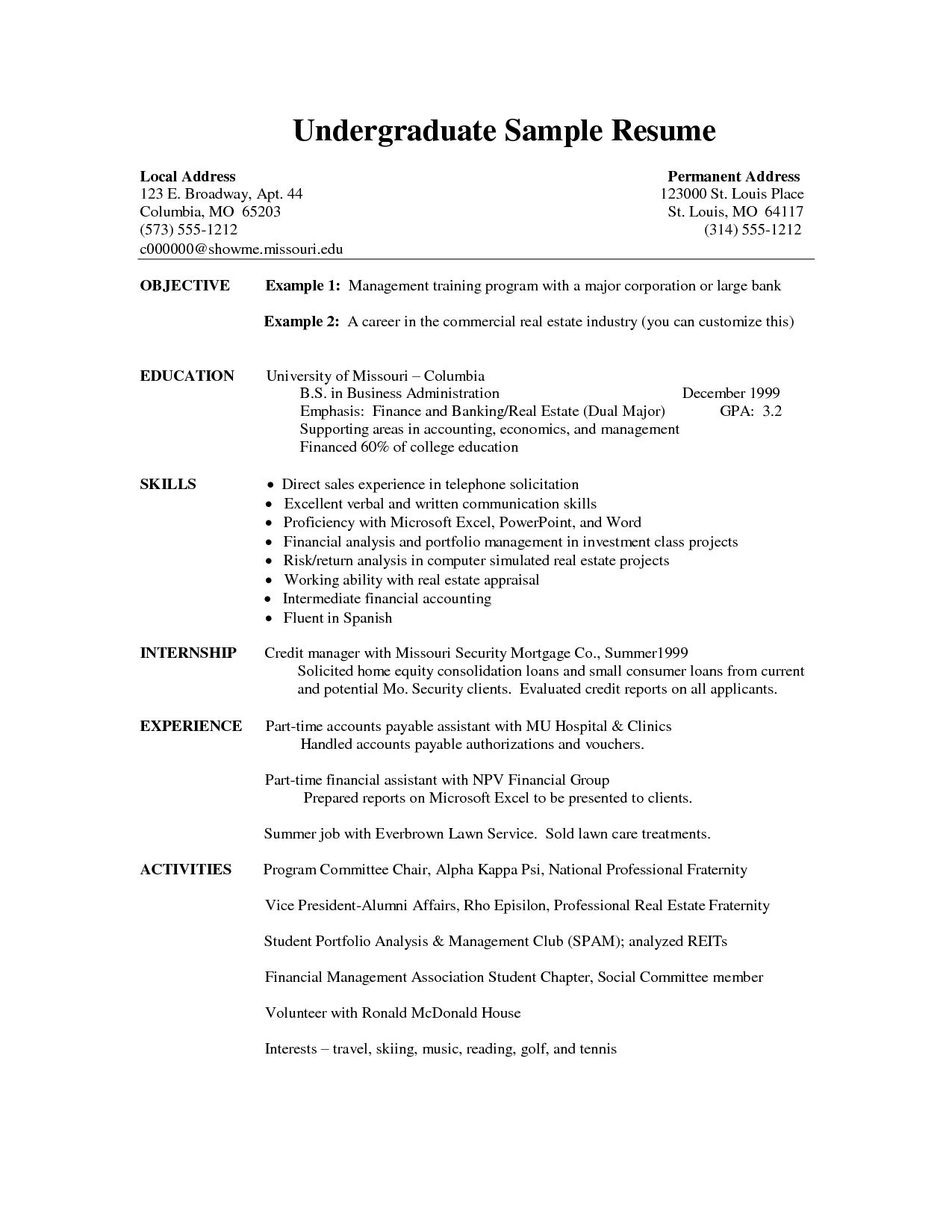 Undergraduate Resume Template Word Sle Resume Cover Resume within size 1275 X 1650