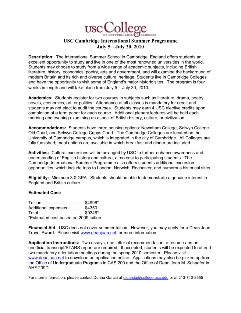 Usc Cambridge International Summer Programme with dimensions 791 X 1024