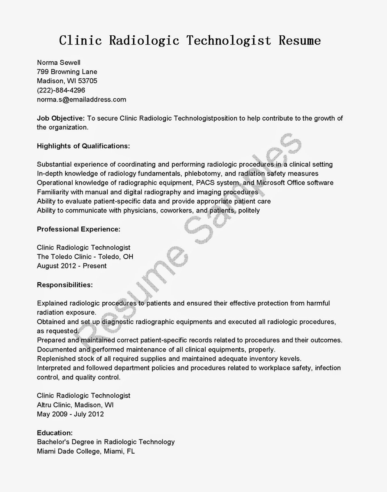 Use This Free Sample Clinic Radiologic Technologist Resume in size 1257 X 1600