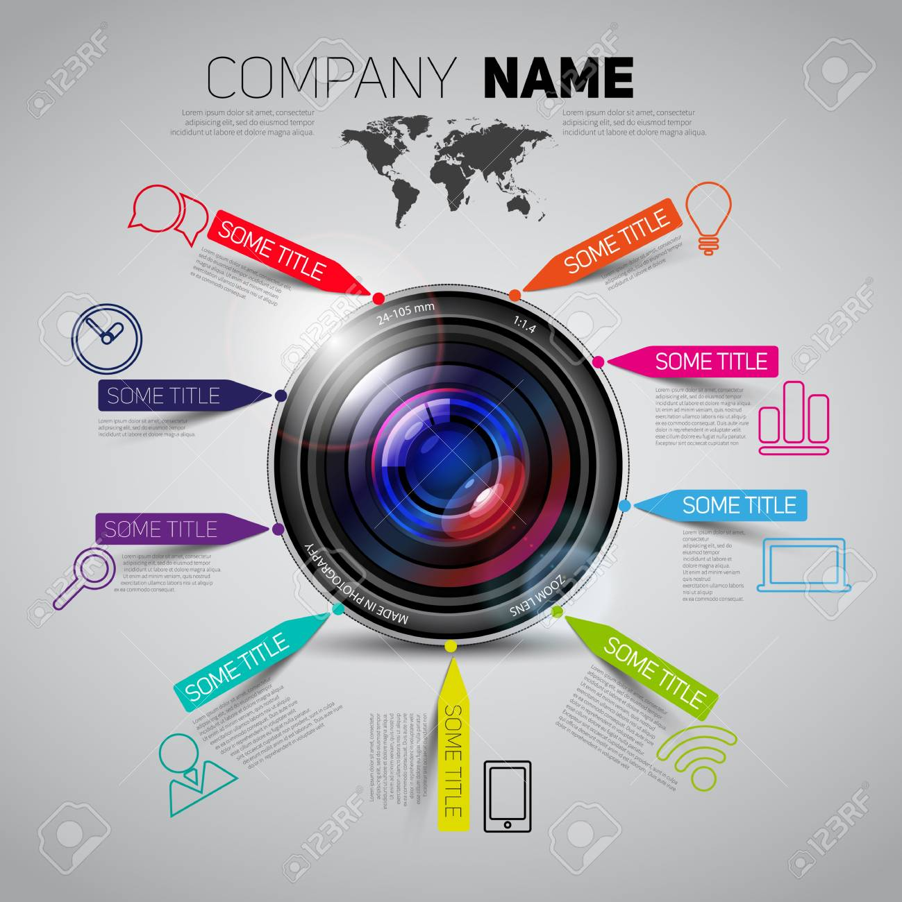 Vector Company Name Brochure Template With Camera Lens And Paper throughout dimensions 1299 X 1300