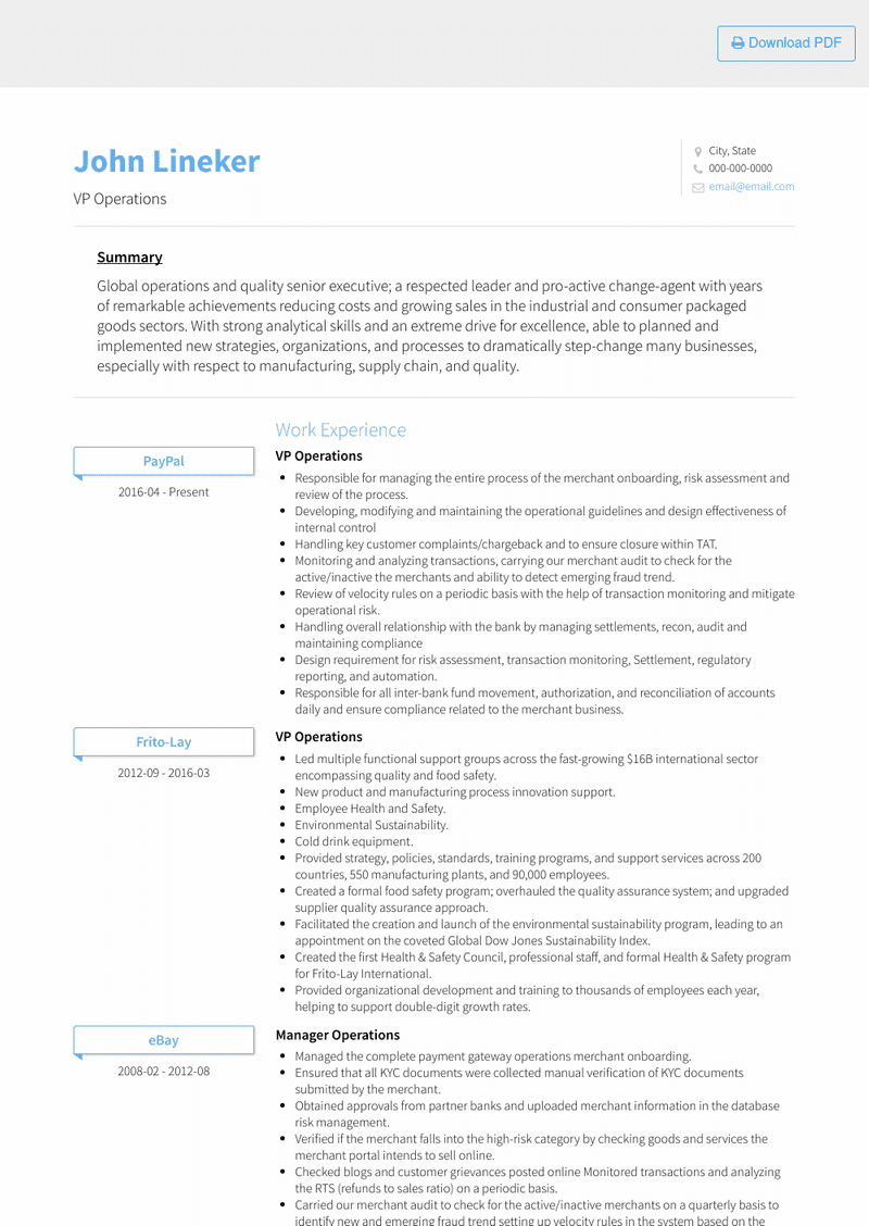 Vp Operations Resume Samples And Templates Visualcv in proportions 800 X 1128