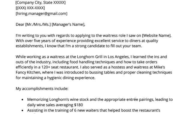 Waiter Waitress Cover Letter Sample Free Download regarding size 800 X 1132